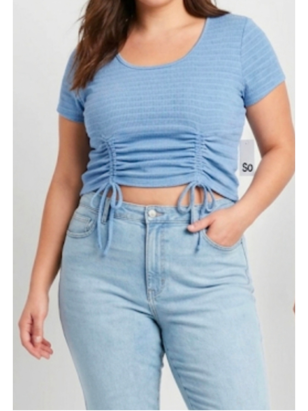 SO Blue Short Sleeve Ruched Crop Top Size 2X Plus Size Drawstring NWT